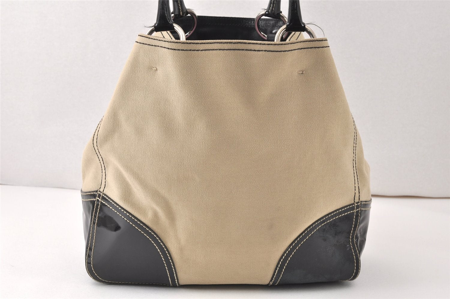 Authentic PRADA Vintage Canvas Enamel Shoulder Tote Bag Beige Black 4592K