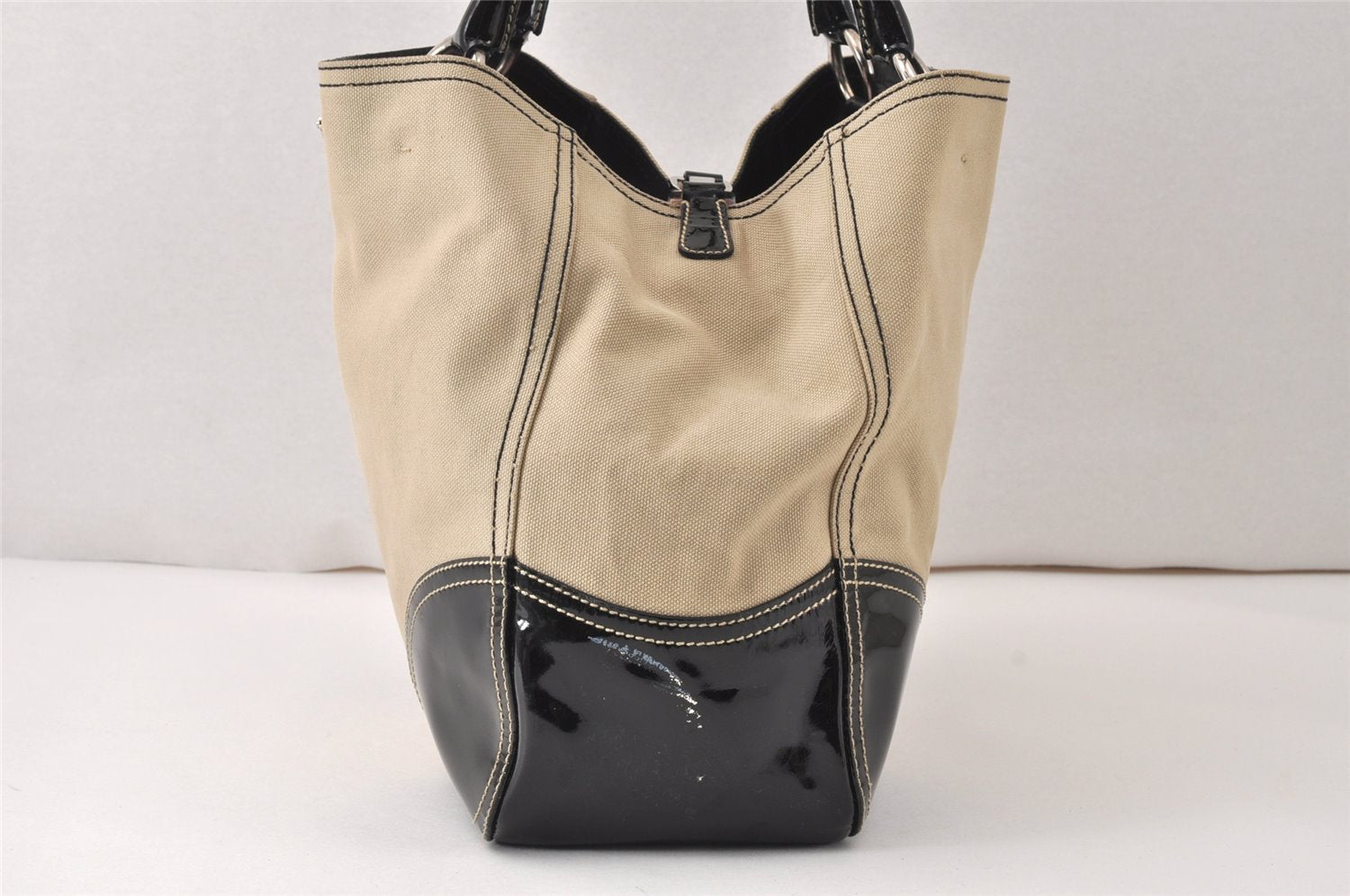 Authentic PRADA Vintage Canvas Enamel Shoulder Tote Bag Beige Black 4592K