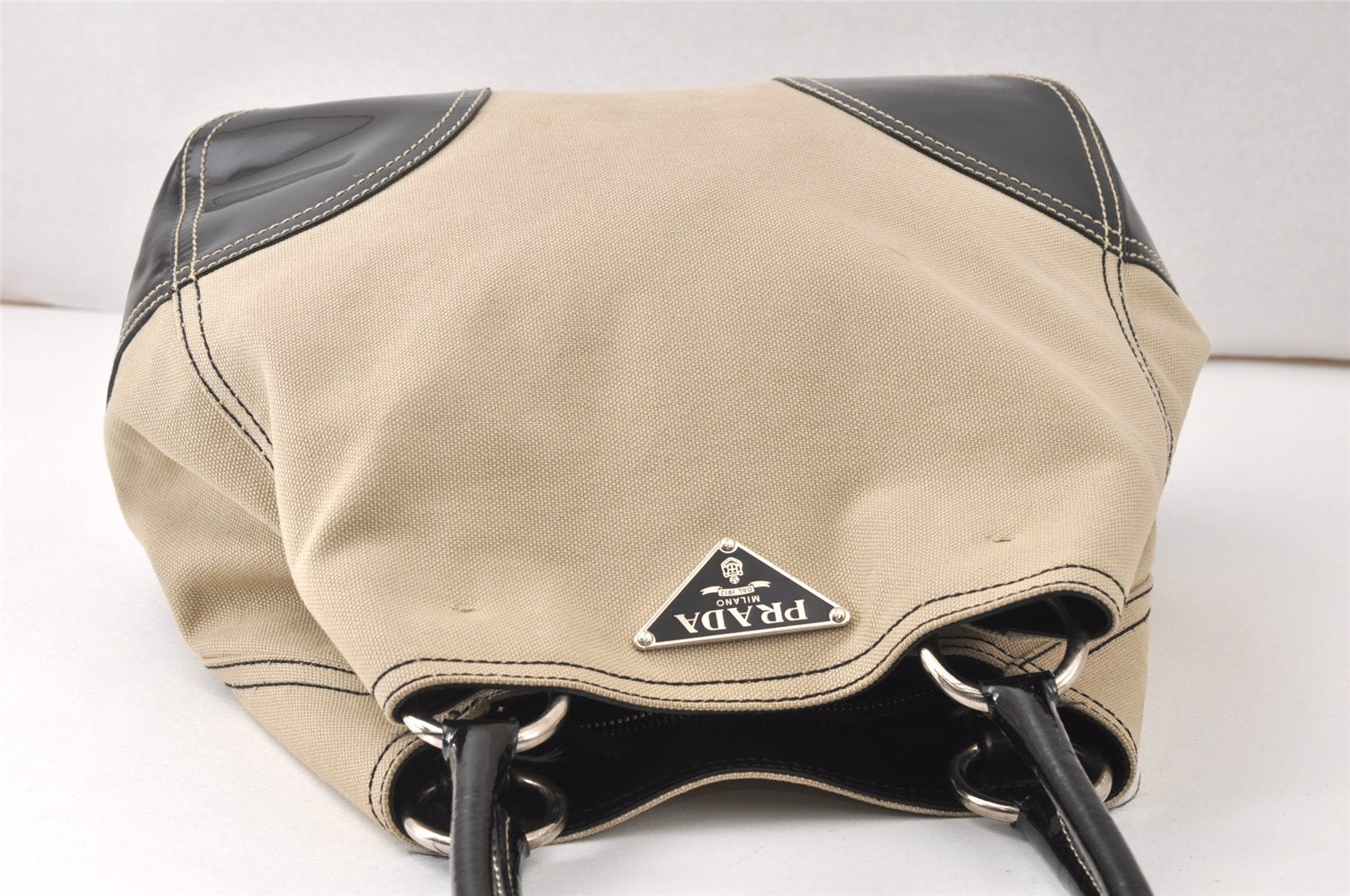 Authentic PRADA Vintage Canvas Enamel Shoulder Tote Bag Beige Black 4592K