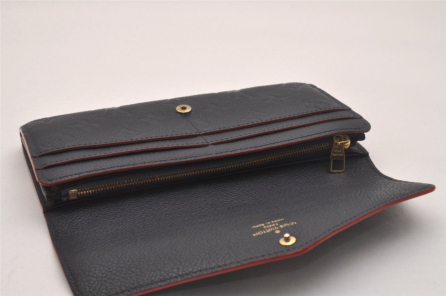 Auth Louis Vuitton Monogram Empreinte Portefeuille Sarah Wallet Navy Box 4593J