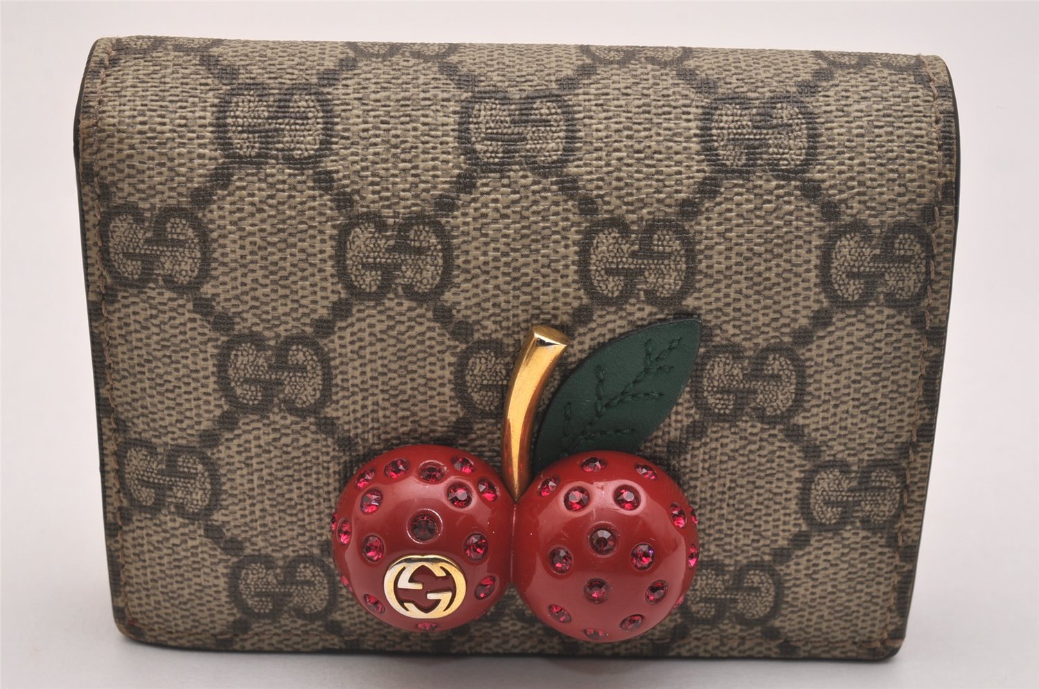 Authentic GUCCI Cherry Bifold Wallet Purse GG PVC Leather 476050 Brown Red 4596J