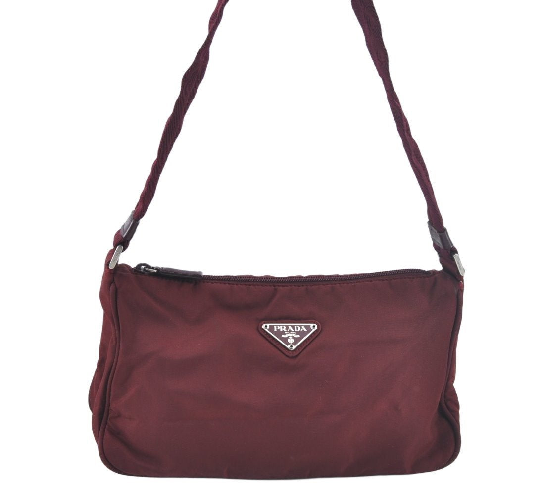 Authentic PRADA Nylon Tessuto Leather Shoulder Bag Purse Bordeaux Red 4598J