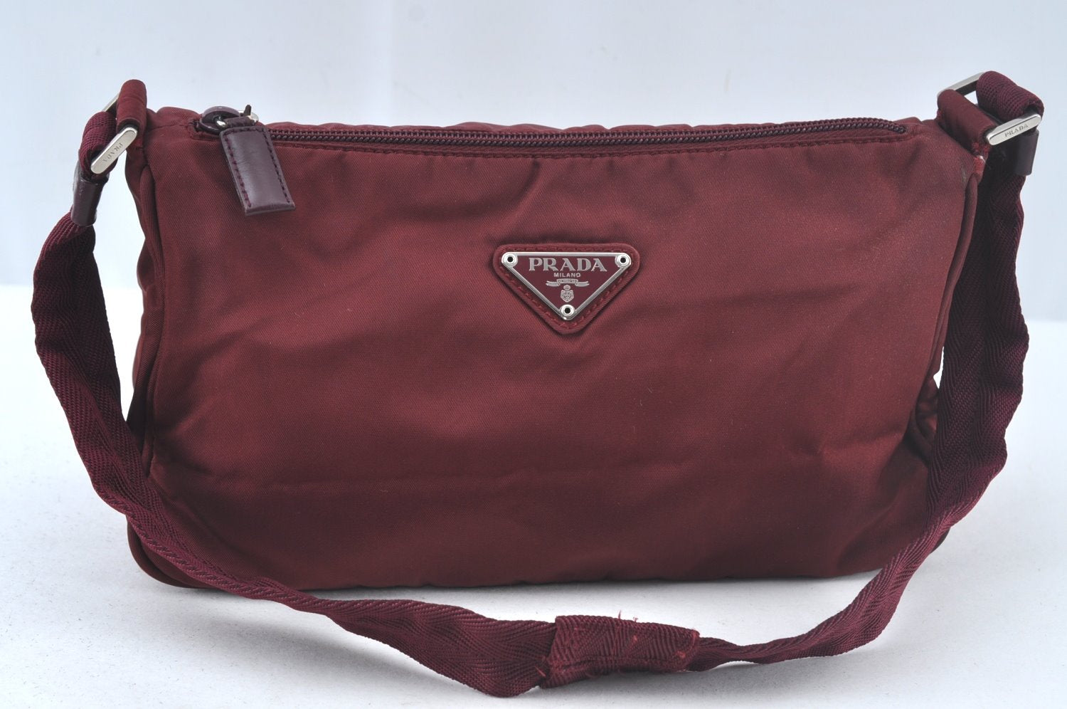 Authentic PRADA Nylon Tessuto Leather Shoulder Bag Purse Bordeaux Red 4598J