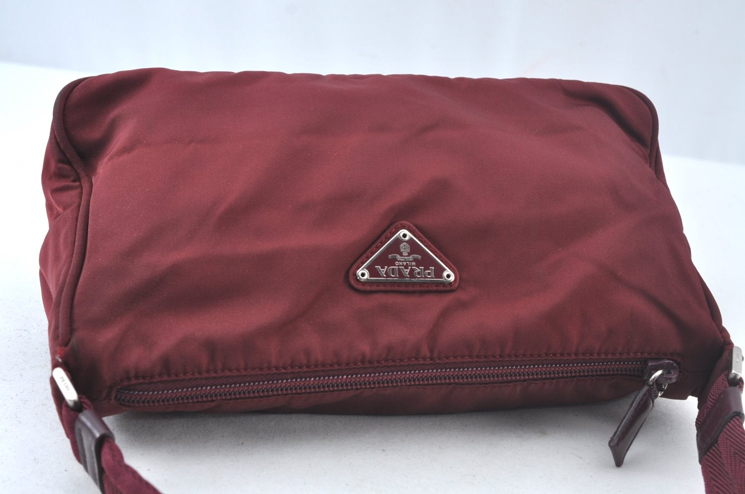 Authentic PRADA Nylon Tessuto Leather Shoulder Bag Purse Bordeaux Red 4598J