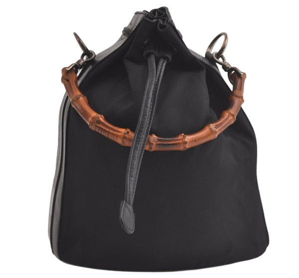 Authentic GUCCI Vintage Bamboo Drawstring Bag Purse Nylon Leather Black 4603K