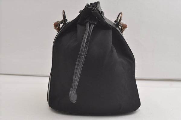 Authentic GUCCI Vintage Bamboo Drawstring Bag Purse Nylon Leather Black 4603K