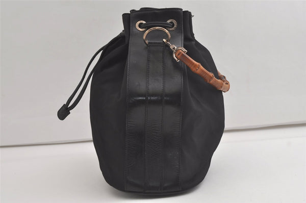 Authentic GUCCI Vintage Bamboo Drawstring Bag Purse Nylon Leather Black 4603K