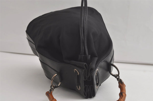 Authentic GUCCI Vintage Bamboo Drawstring Bag Purse Nylon Leather Black 4603K