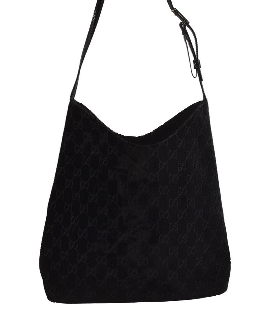 Authentic GUCCI Vintage Shoulder Hand Bag Purse GG Suede Enamel Black 4607J
