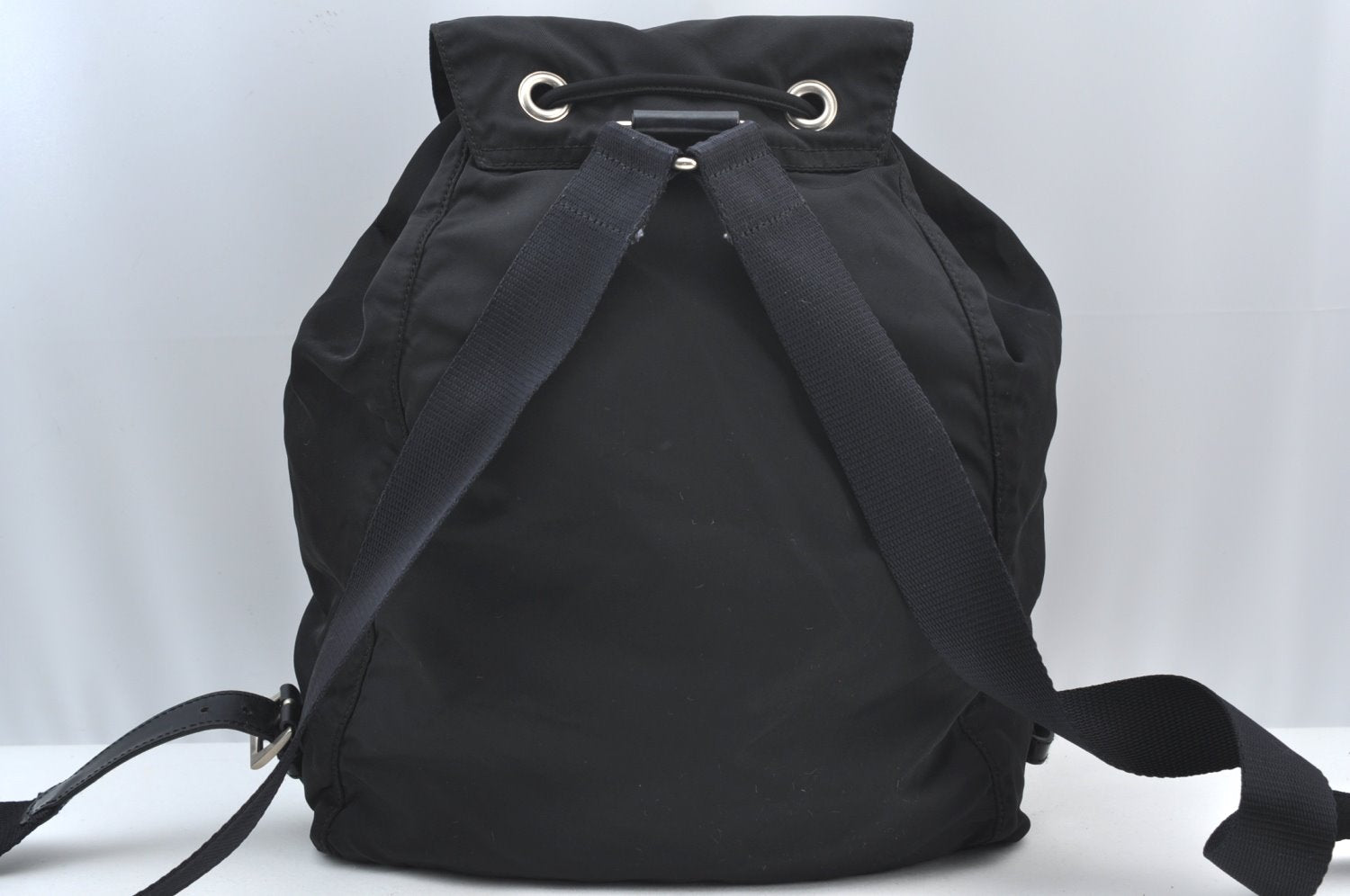 Authentic PRADA Vela Nylon Tessuto Leather Drawstring Backpack Black Junk 4612J