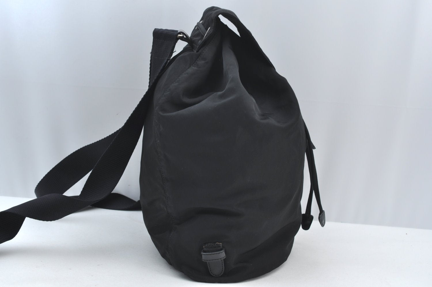 Authentic PRADA Vela Nylon Tessuto Leather Drawstring Backpack Black Junk 4612J