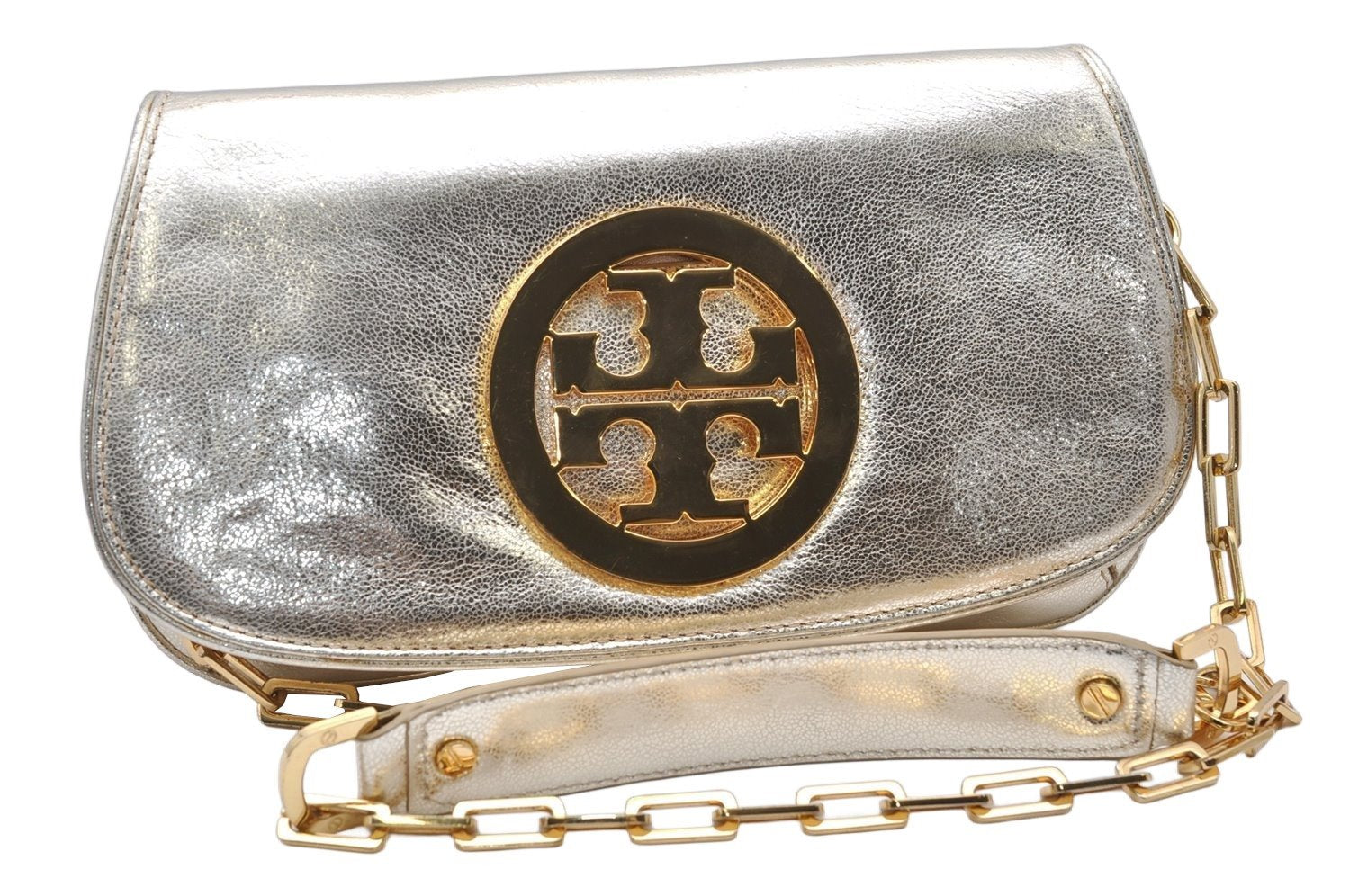 Authentic TORY BURCH Reva Chain Shoulder Cross Body Bag Leather Gold 4616K