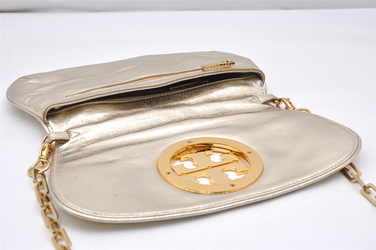 Authentic TORY BURCH Reva Chain Shoulder Cross Body Bag Leather Gold 4616K