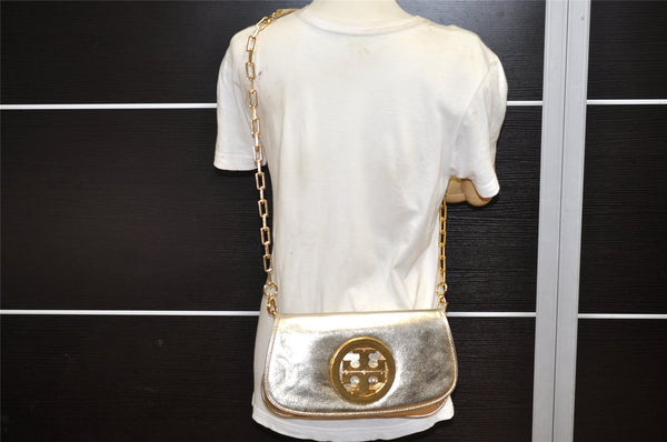 Authentic TORY BURCH Reva Chain Shoulder Cross Body Bag Leather Gold 4616K