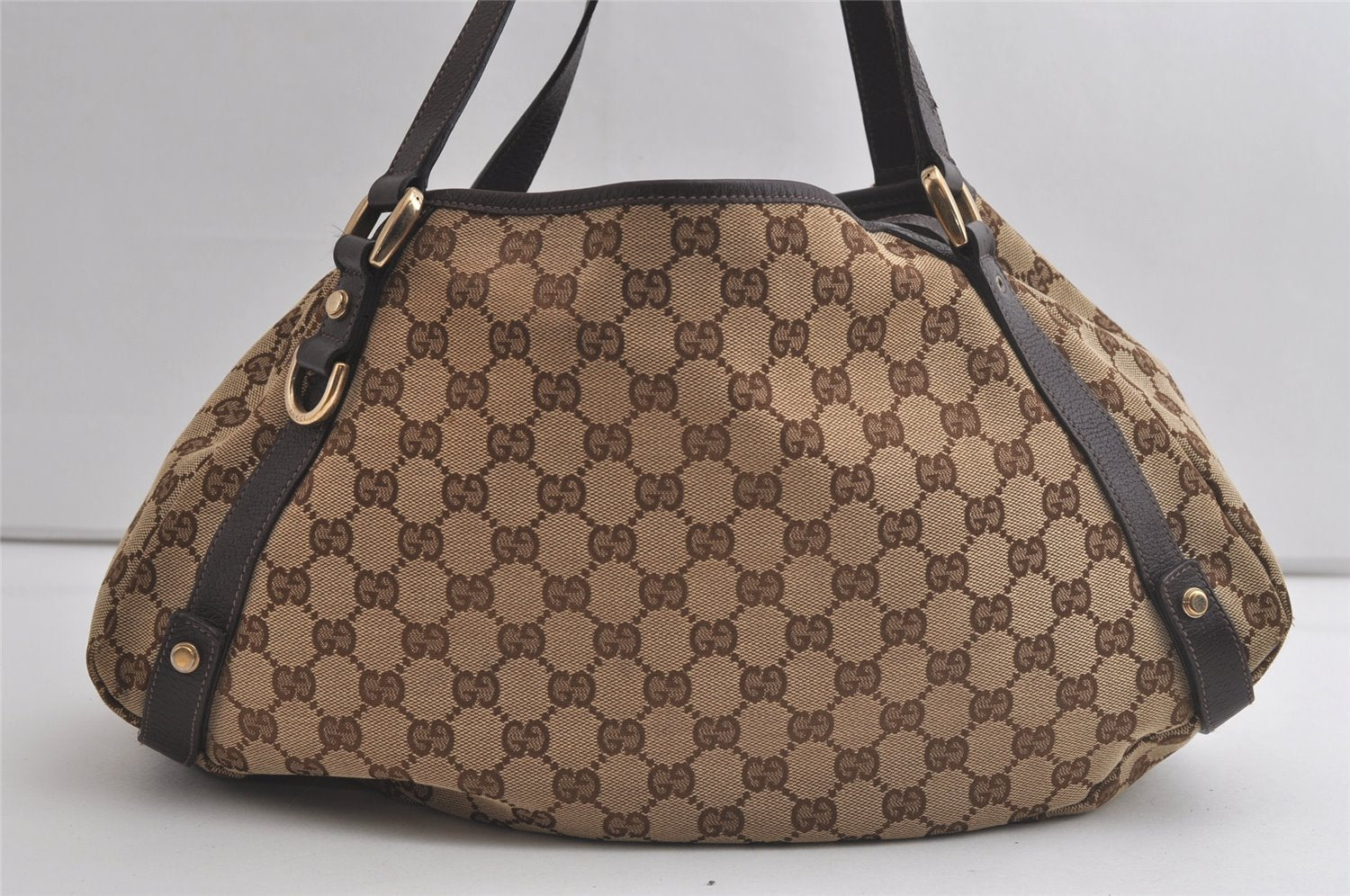 Authentic GUCCI Abbey Shoulder Tote Bag GG Canvas Leather 130736 Brown 4619K