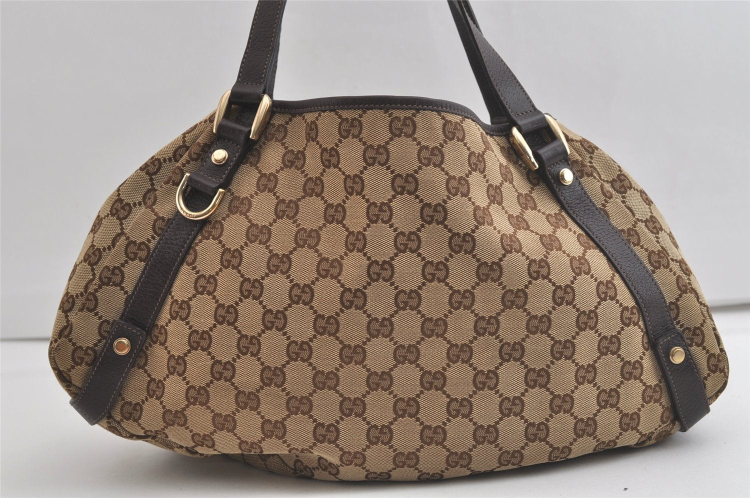 Authentic GUCCI Abbey Shoulder Tote Bag GG Canvas Leather 130736 Brown 4619K