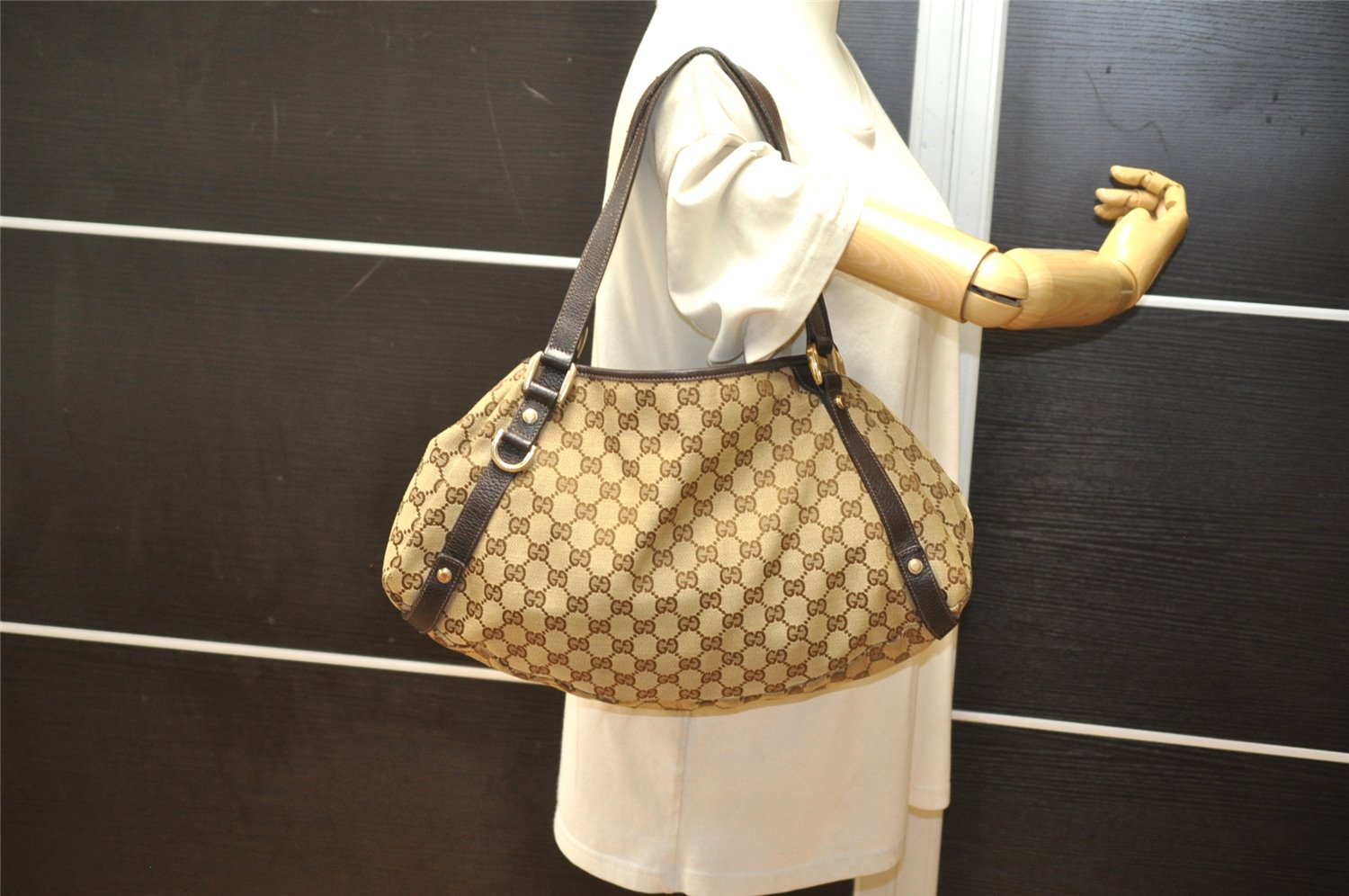 Authentic GUCCI Abbey Shoulder Tote Bag GG Canvas Leather 130736 Brown 4619K