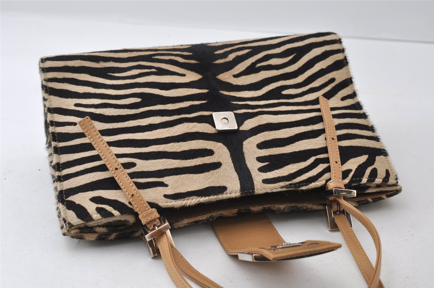 Authentic FENDI Zebra Pattern Hand Bag Purse Unborn Calf Leather Beige 4623I