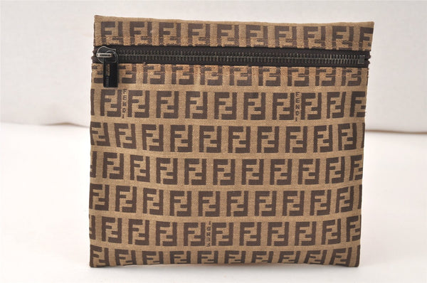 Authentic FENDI Vintage Zucchino Pouch Purse Canvas Leather Brown 4623K