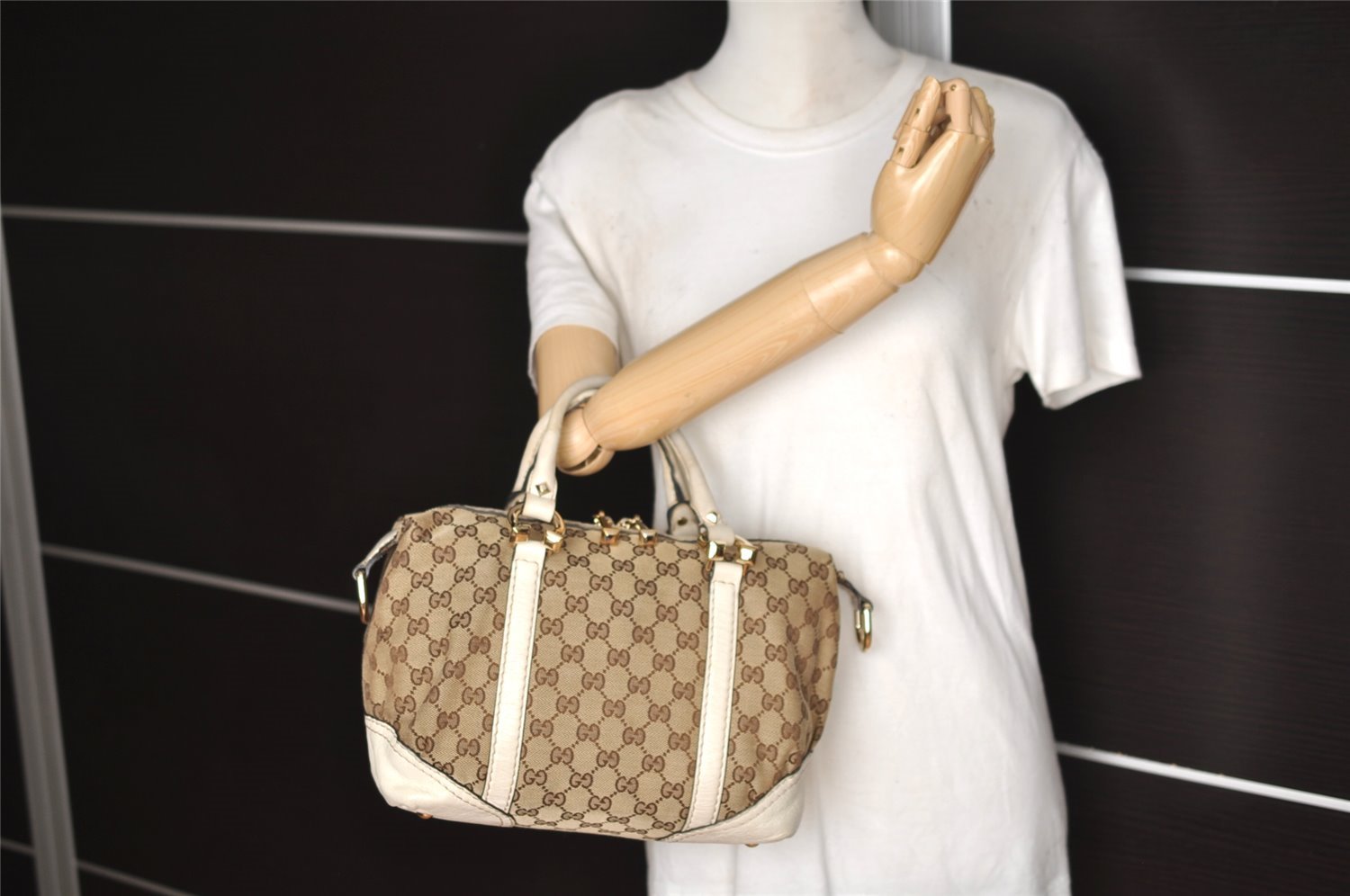 Authentic GUCCI 2Way Hand Boston Bag Purse GG Canvas Leather 189893 Brown 4626I