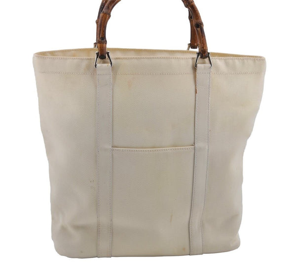 Authentic GUCCI Vintage Bamboo Tote Hand Bag Nylon Leather White 4636J