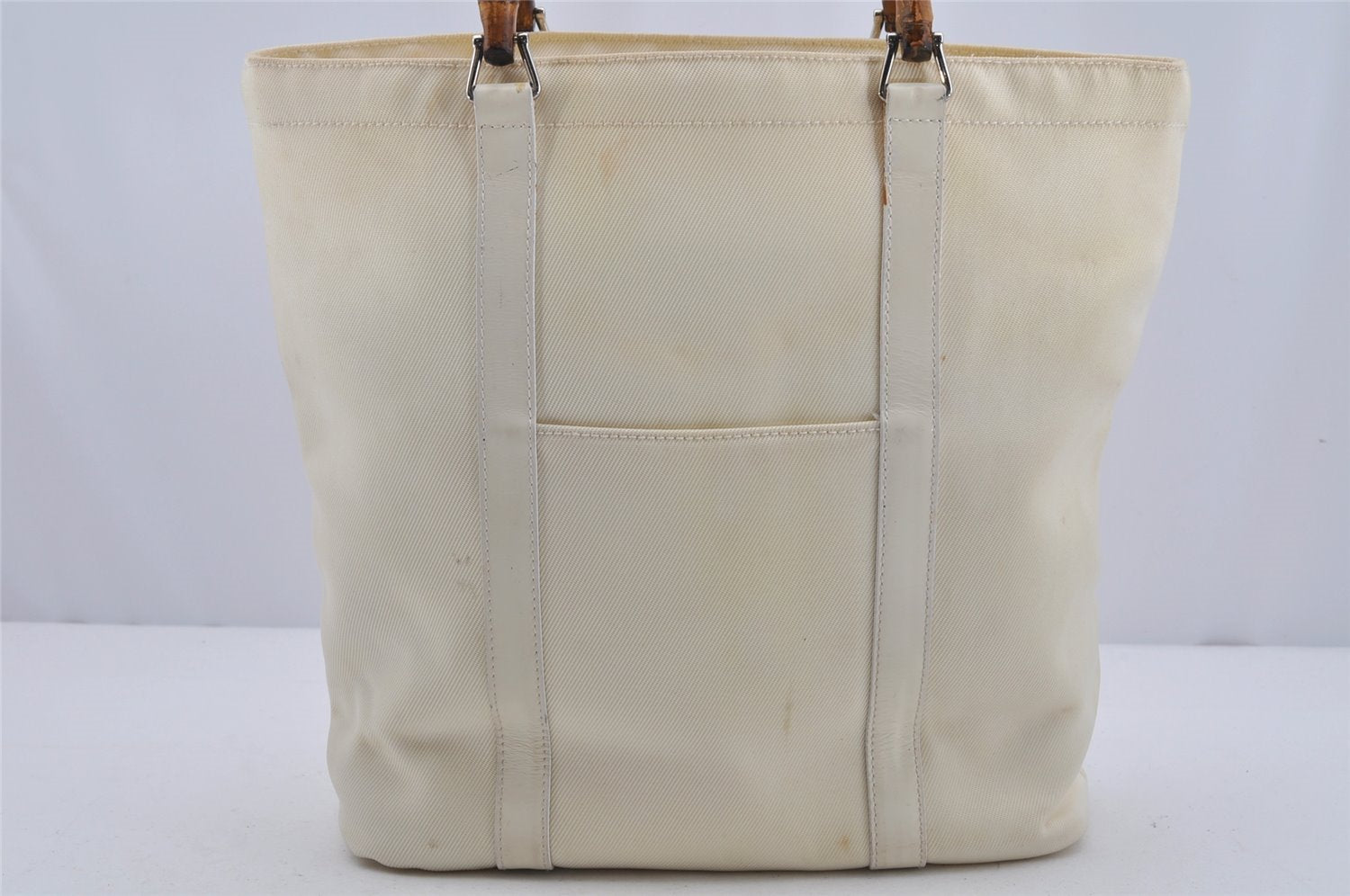 Authentic GUCCI Vintage Bamboo Tote Hand Bag Nylon Leather White 4636J