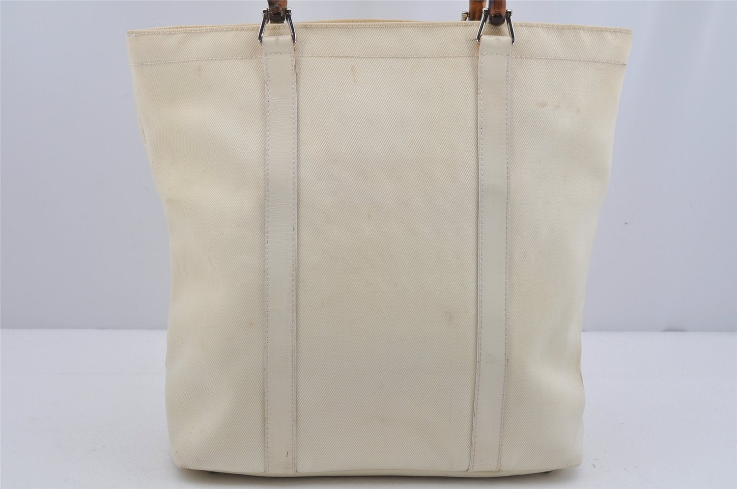 Authentic GUCCI Vintage Bamboo Tote Hand Bag Nylon Leather White 4636J
