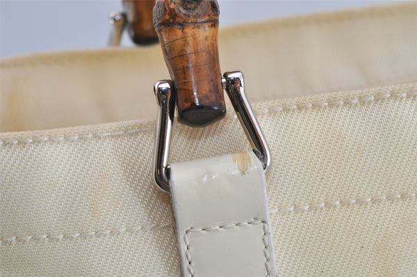 Authentic GUCCI Vintage Bamboo Tote Hand Bag Nylon Leather White 4636J