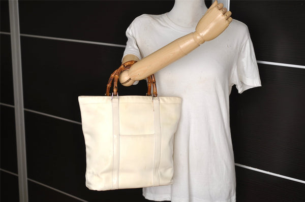Authentic GUCCI Vintage Bamboo Tote Hand Bag Nylon Leather White 4636J
