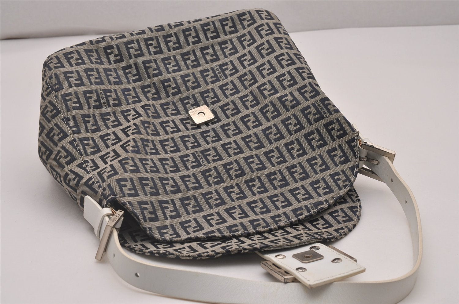 Authentic FENDI Zucchino Mamma Baguette Shoulder Bag Canvas Leather Navy 4640I