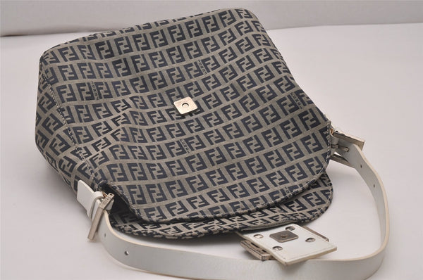 Authentic FENDI Zucchino Mamma Baguette Shoulder Bag Canvas Leather Navy 4640I