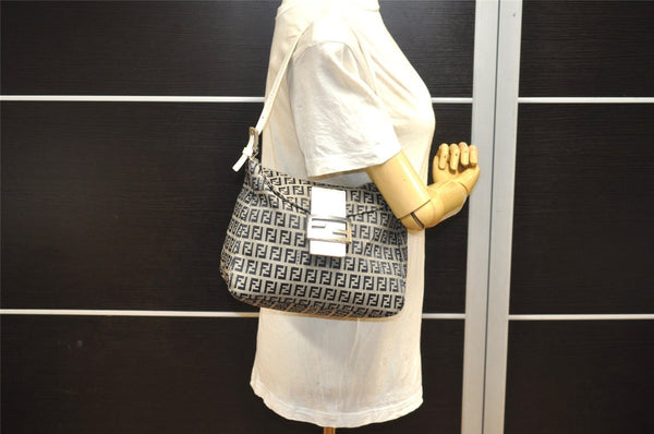 Authentic FENDI Zucchino Mamma Baguette Shoulder Bag Canvas Leather Navy 4640I