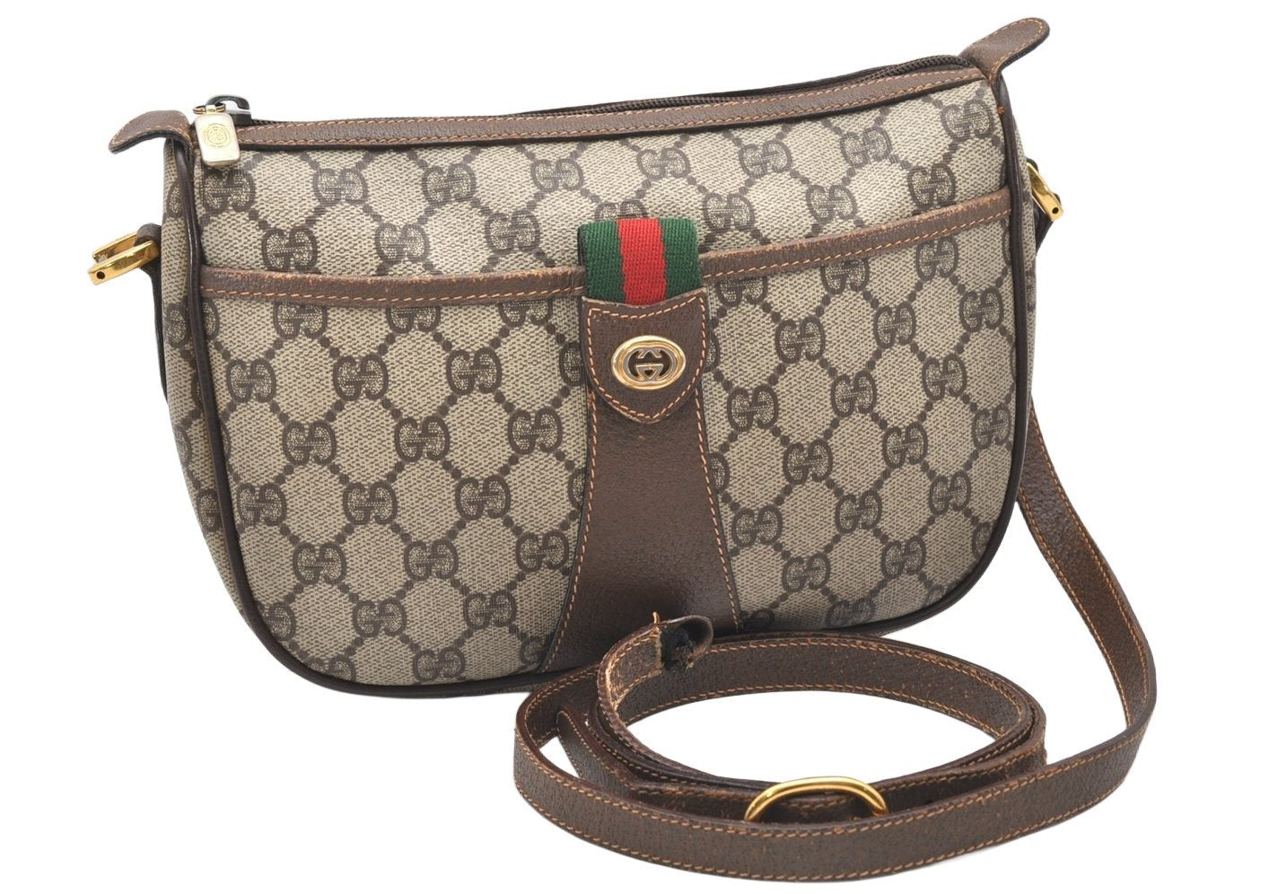 Authentic GUCCI Web Sherry Line Shoulder Bag GG PVC Leather Brown Junk 4640K