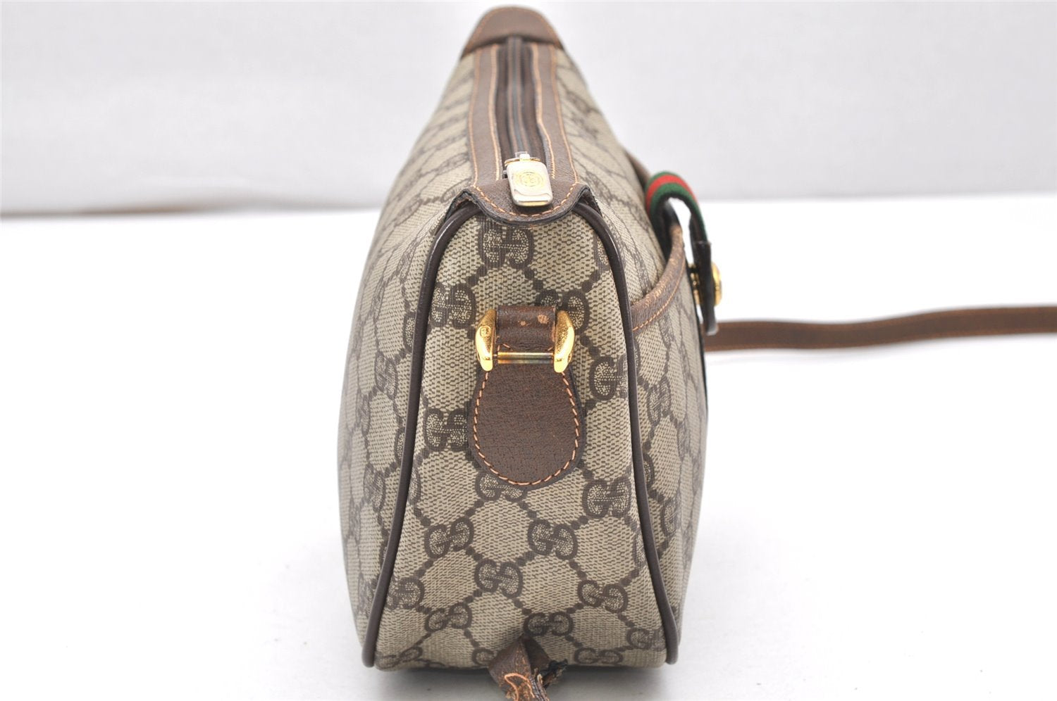 Authentic GUCCI Web Sherry Line Shoulder Bag GG PVC Leather Brown Junk 4640K