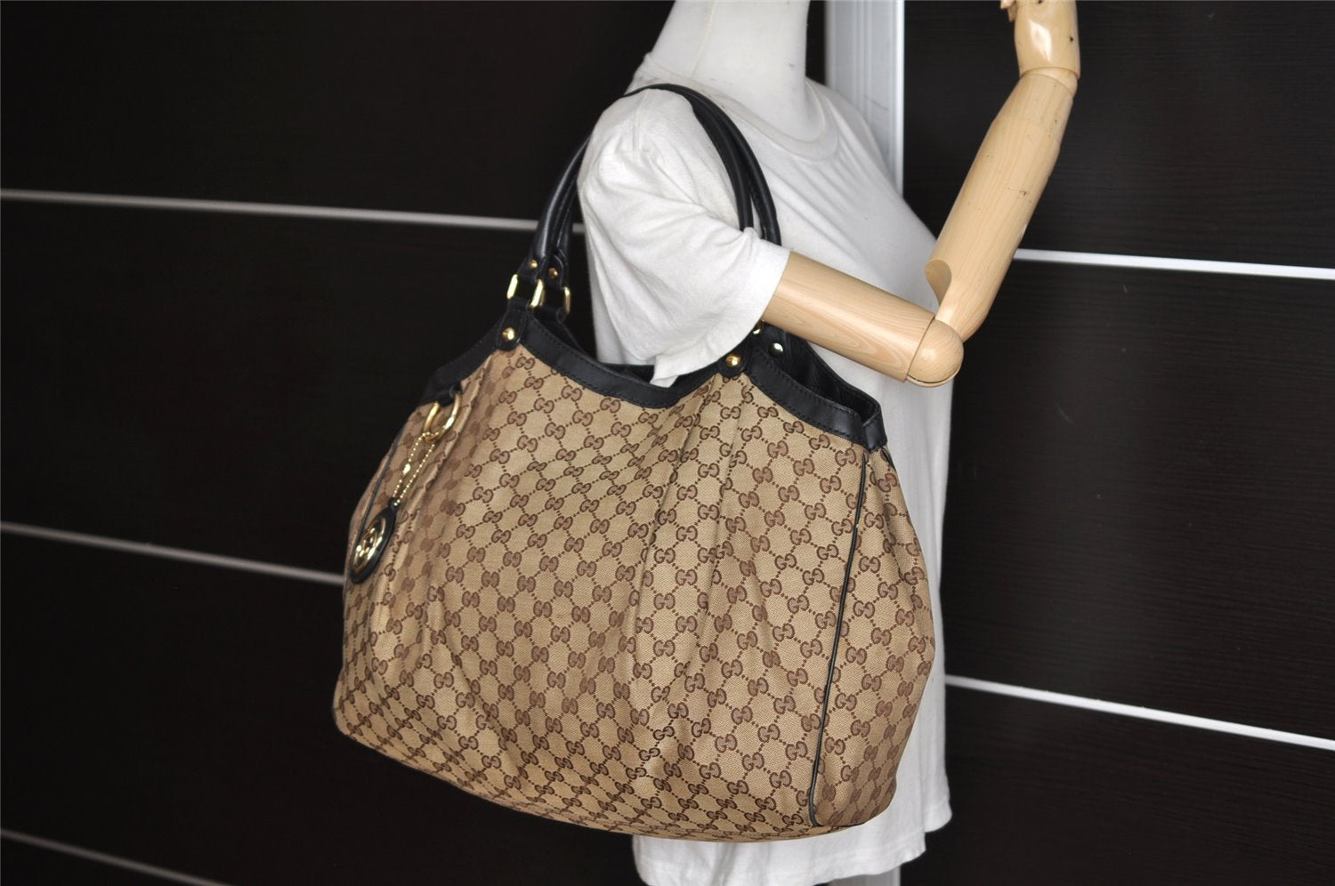 Authentic GUCCI Sukey Shoulder Tote Bag GG Canvas Leather 211943 Brown 4642K