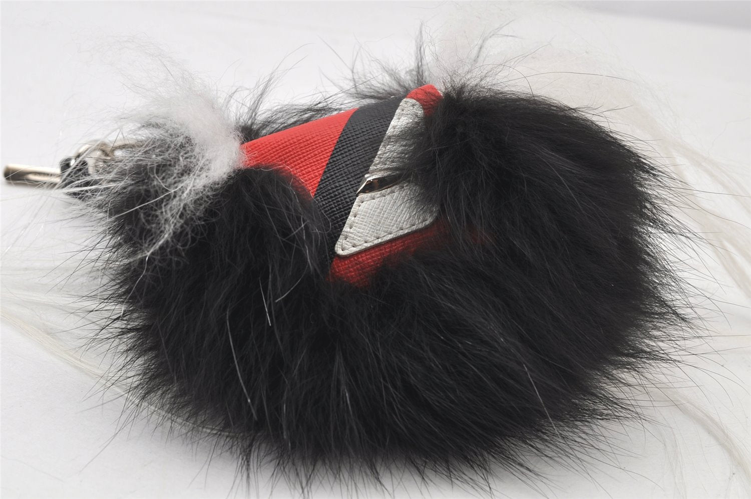 Authentic FENDI Monster Eye Bag Bugs Bag Charm Leather Fur Black Red 4647K