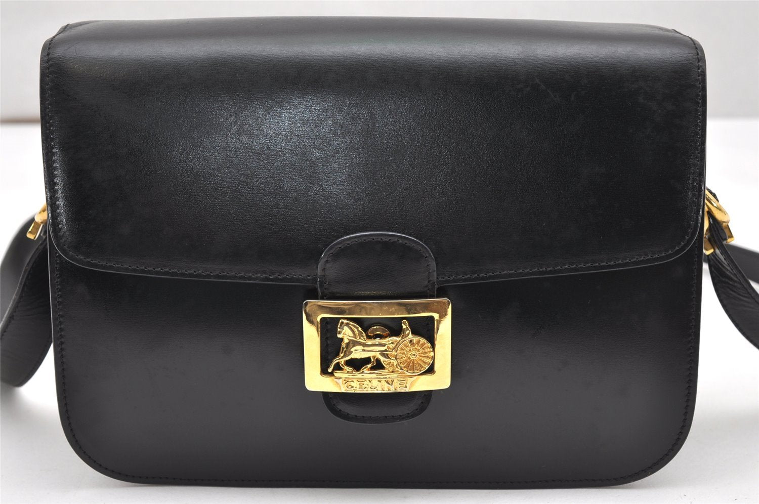 Authentic CELINE Horse Carriage Shoulder Crossbody Bag Purse Leather Black 4659K