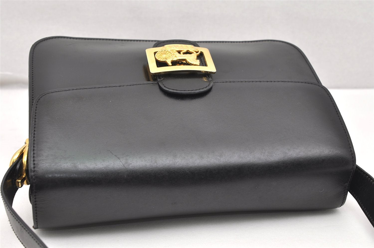 Authentic CELINE Horse Carriage Shoulder Crossbody Bag Purse Leather Black 4659K