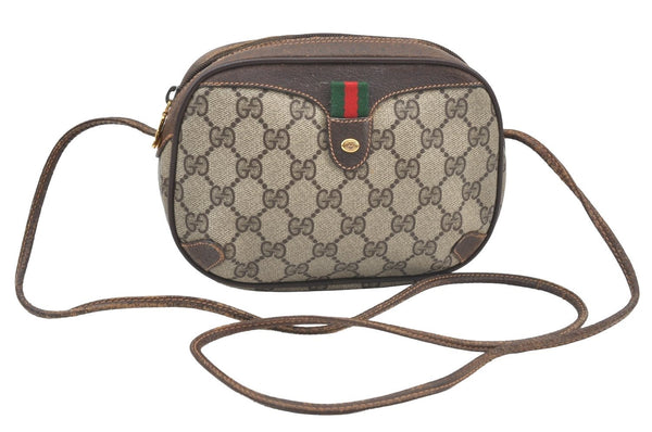 Authentic GUCCI Web Sherry Line Shoulder Cross Bag GG PVC Leather Brown 4668H
