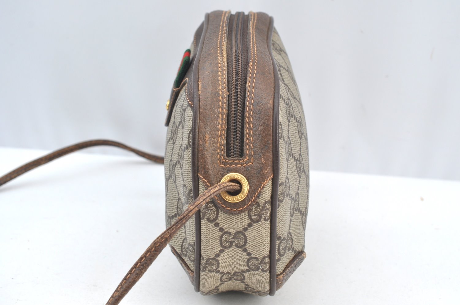 Authentic GUCCI Web Sherry Line Shoulder Cross Bag GG PVC Leather Brown 4668H