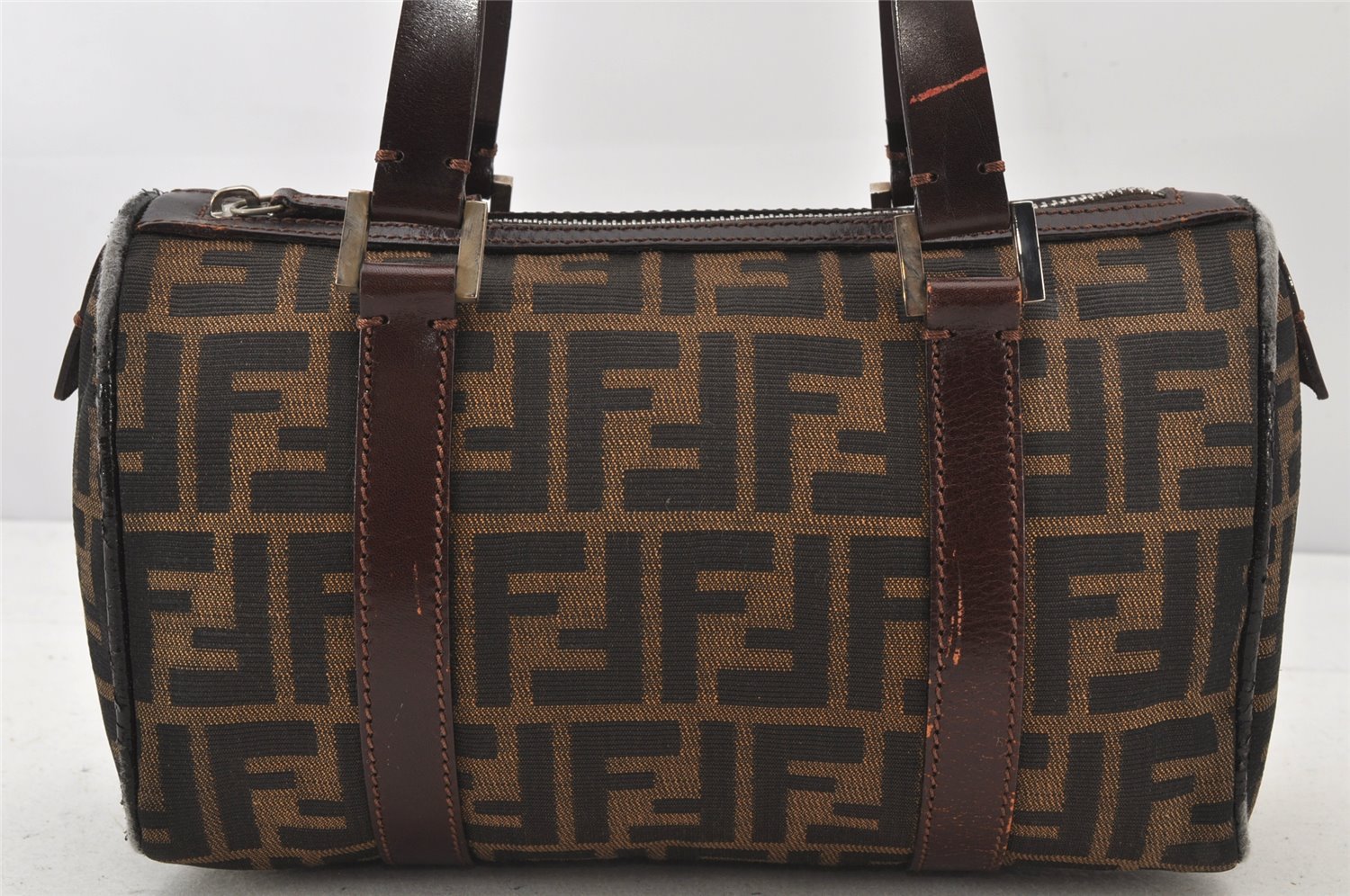 Authentic FENDI Zucca Hand Boston Bag Purse Canvas Leather Brown 4670K