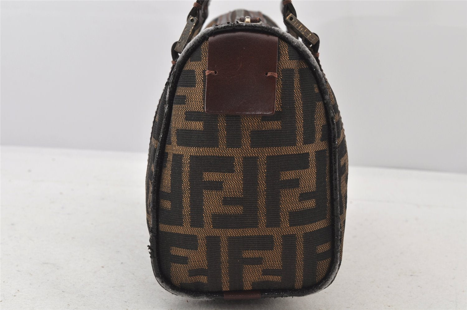 Authentic FENDI Zucca Hand Boston Bag Purse Canvas Leather Brown 4670K