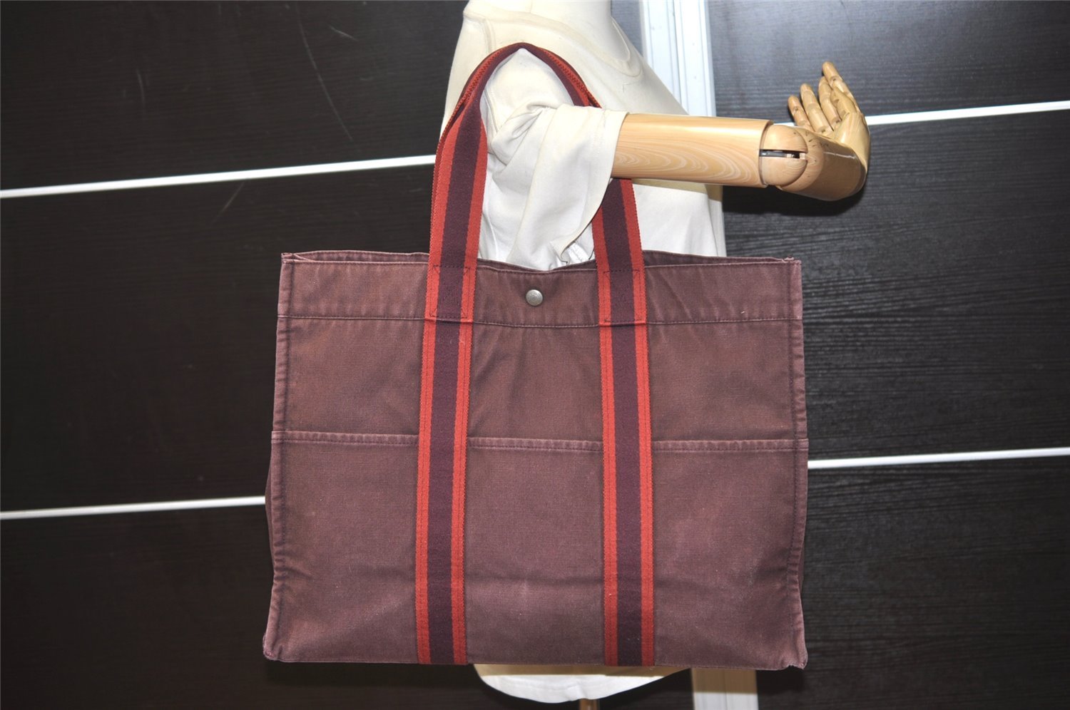 Authentic HERMES Vintage Fourre Tout MM Hand Tote Bag Canvas Wine Red 4671J