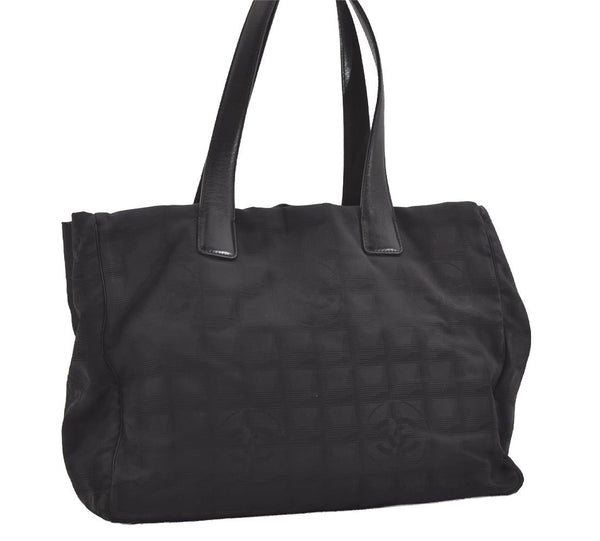 Authentic CHANEL New Travel Line Shoulder Tote Bag Nylon Leather Black 4673J