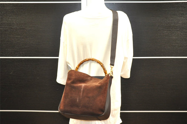 Authentic GUCCI Bamboo 2Way Shoulder Hand Bag Suede Leather 0011638 Brown 4684I