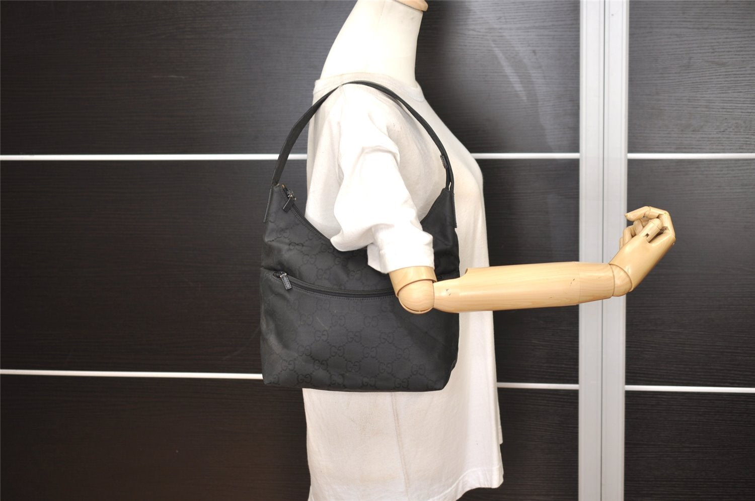 Authentic GUCCI Vintage Shoulder Hand Bag GG Nylon Leather 0018386 Black 4685J