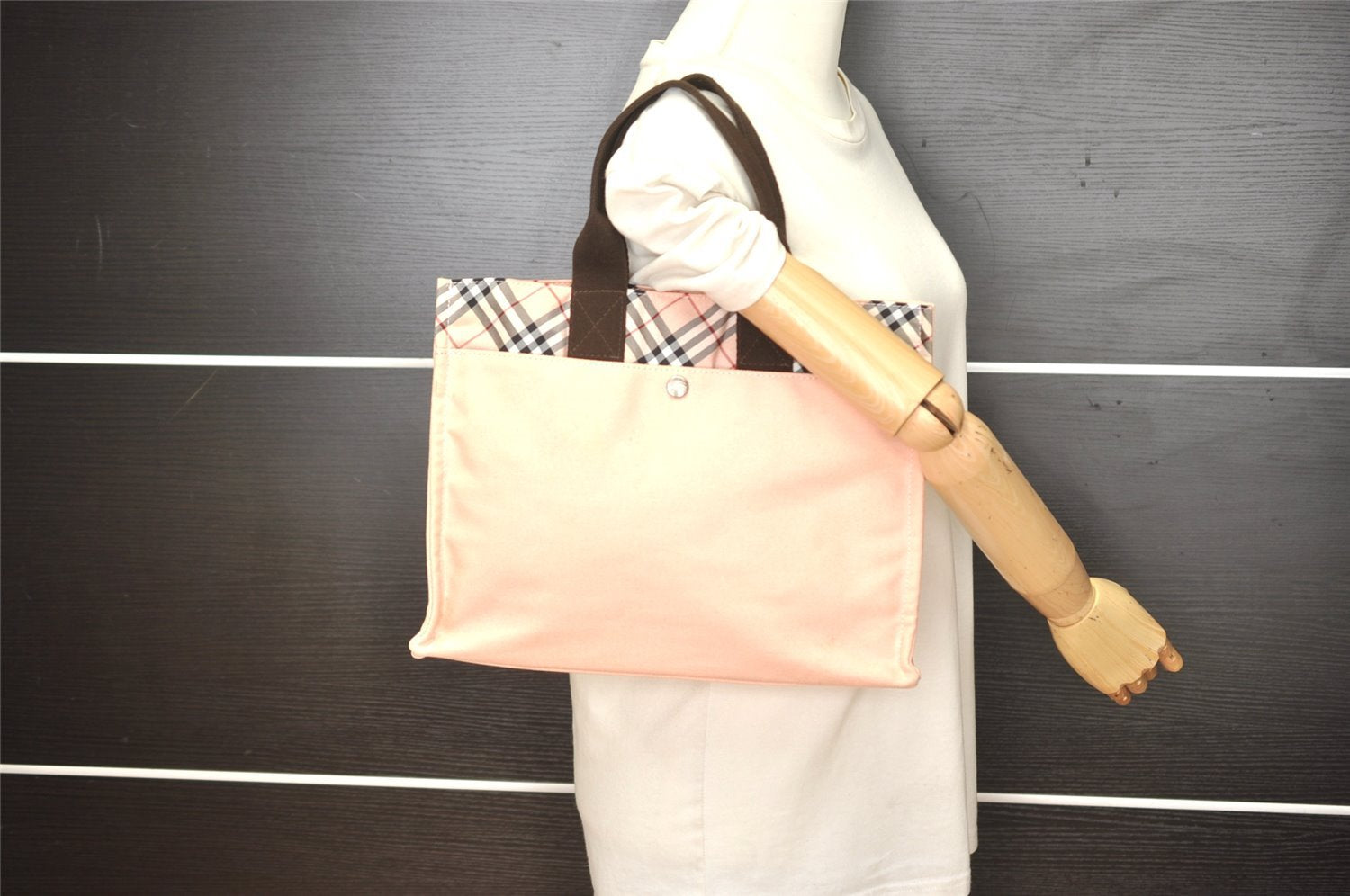 Authentic BURBERRY BLUE LABEL Check Hand Tote Bag Canvas Nylon Pink 4694I