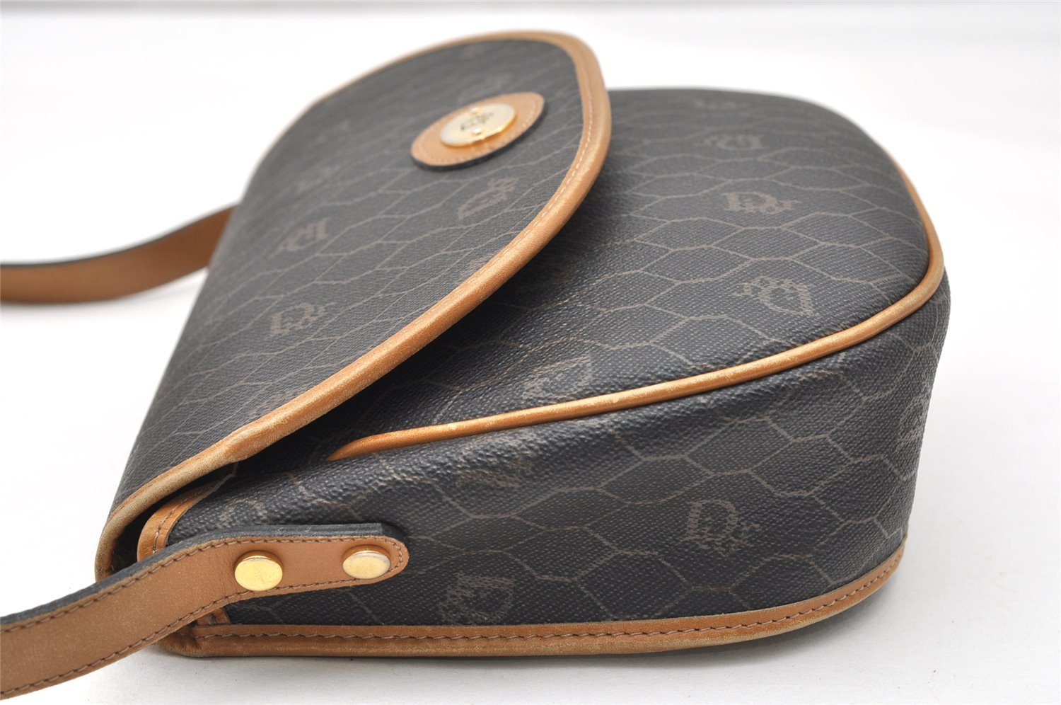 Authentic Christian Dior Honeycomb Shoulder Cross Bag PVC Leather Black 4700K