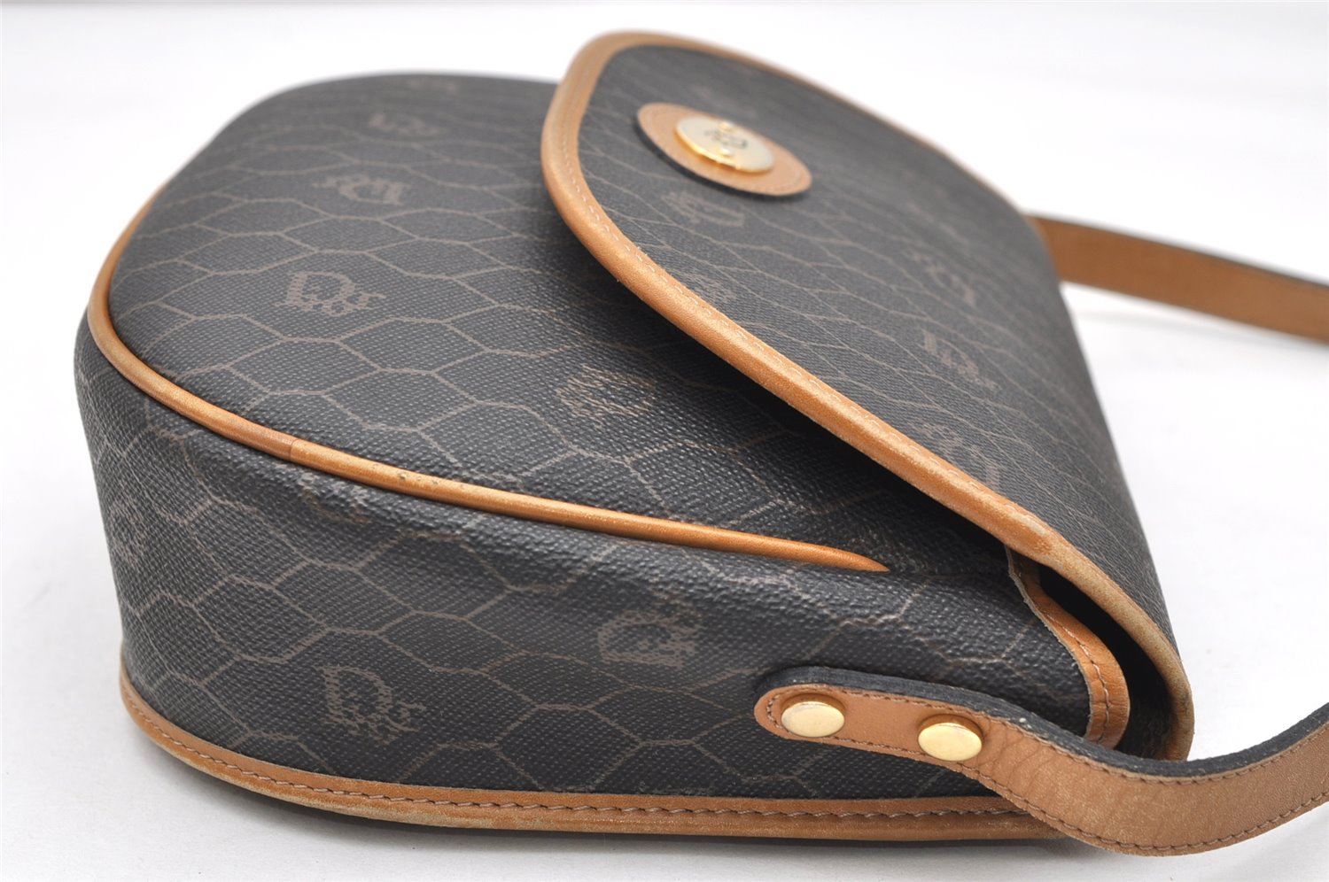 Authentic Christian Dior Honeycomb Shoulder Cross Bag PVC Leather Black 4700K