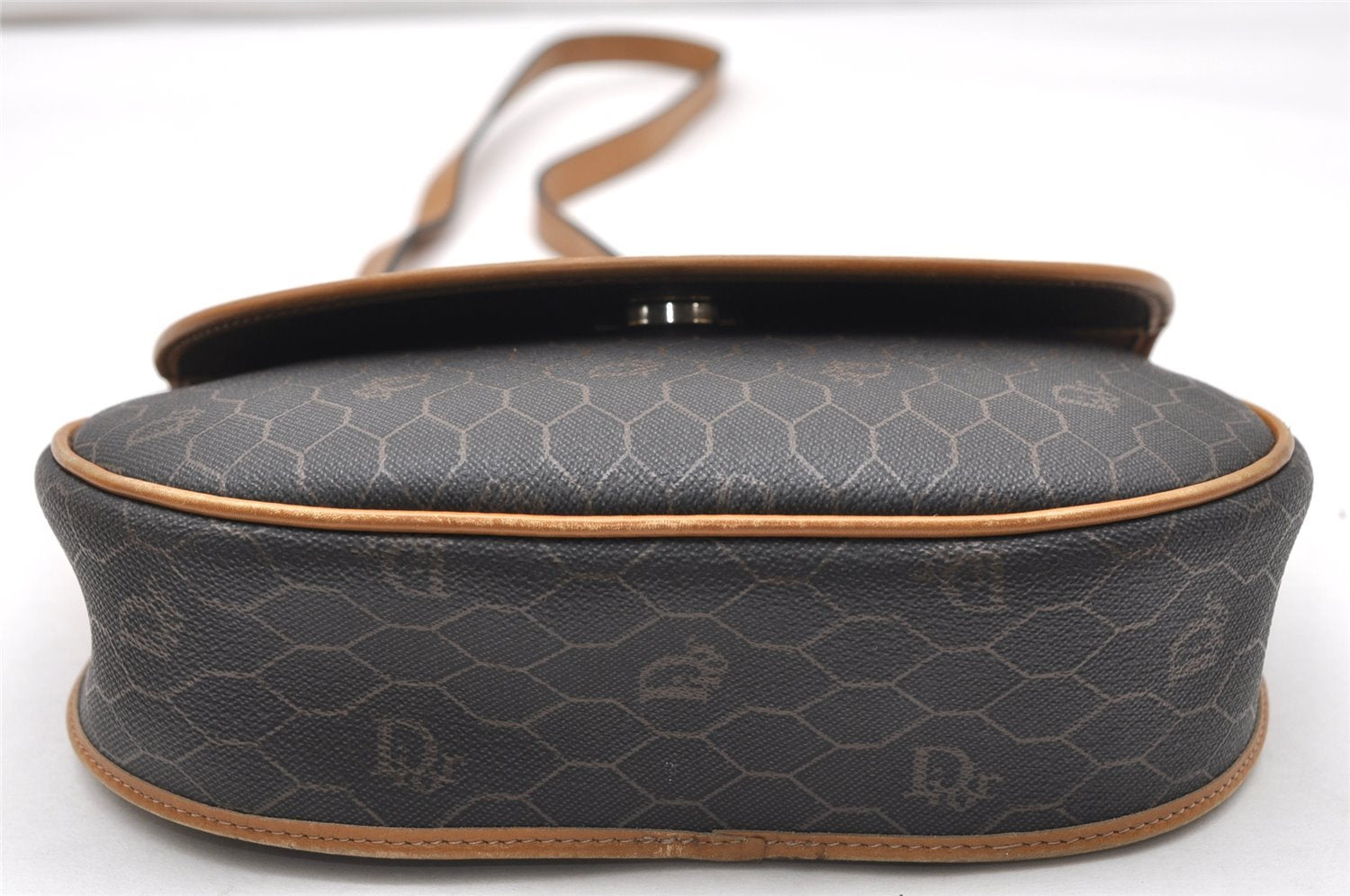 Authentic Christian Dior Honeycomb Shoulder Cross Bag PVC Leather Black 4700K